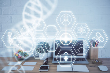 Desktop computer background and DNA drawing. Double exposure. Science concept.