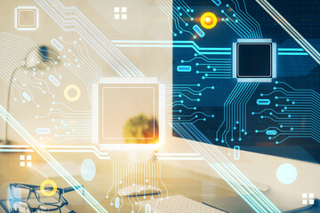 Double exposure of desktop computer and technology theme hologram. Concept of software development.