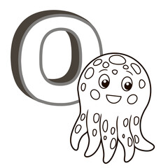 Vector coloring book alphabet with capital letters of the English and cute cartoon animals and things. Coloring page for kindergarten and preschool. Cards for learning English. Letter O. Octopus