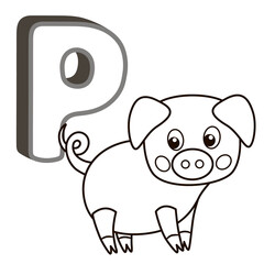 Vector coloring book alphabet with capital letters of the English and cute cartoon animals and things. Coloring page for kindergarten and preschool. Cards for learning English. Letter P. Pig