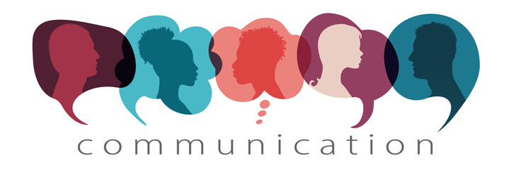 Silhouette heads people in profile inside speech bubble talking and communicating. Community concept. Communicate and share ideas and information on social networks. Communication text