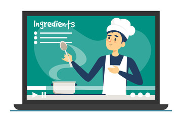 Cooking classes online vector isolated. Improve culinary skills, learning in the internet. Man chef cooking food