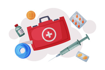 First Aid Kit with Medications and Emergency Equipment Set, Urgency Service Supplies for Health Treatment Flat Vector Illustration