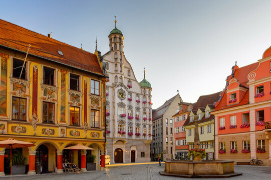MEMMINGEN, GERMANY - AUG 7, 2017: Architecture of Memmingen, a town in Swabia, Bavaria, Germany.
