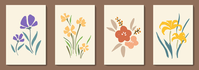 Set of creative illustrations for wall decoration, postcard or brochure cover design. Contemporary art. Flower elements.