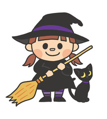ハロウィン 魔女 黒猫 仮装 手描き ベクター イラスト
