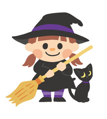ハロウィン 魔女 黒猫 仮装 手描き ベクター イラスト