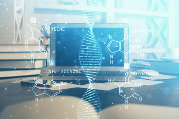 Desktop computer background and DNA drawing. Double exposure. Science concept.