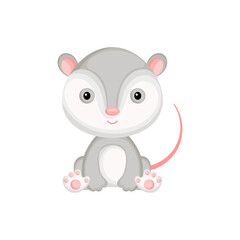 Cute baby opossum sitting isolated on white background. Adorable animal character for design of album, scrapbook, card, invitation on baby shower, party. Flat cartoon colorful vector illustration.
