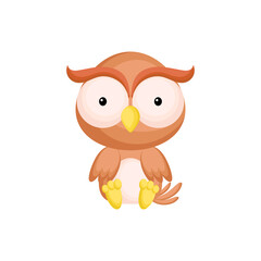 Cute baby owl sitting isolated on white background. Adorable animal character for design of album, scrapbook, card, invitation on baby shower, party. Flat cartoon colorful vector illustration.