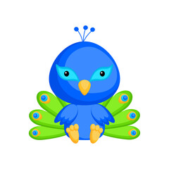 Cute baby peacock sitting isolated on white background. Adorable animal character for design of album, scrapbook, card, invitation on baby shower, party. Flat cartoon colorful vector illustration.