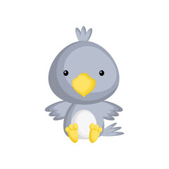 Cute baby raven sitting isolated on white background. Adorable animal character for design of album, scrapbook, card, invitation on baby shower, party. Flat cartoon colorful vector illustration.