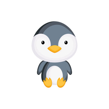 Cute baby penguin sitting isolated on white background. Adorable animal character for design of album, scrapbook, card, invitation on baby shower, party. Flat cartoon colorful vector illustration.