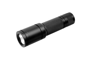 Black metal LED flashlight isolate on a white back. Pocket lamp for dark time of day or dark rooms.