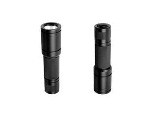 Black metal LED flashlight isolate on a white back. Pocket lamp for dark time of day or dark rooms.