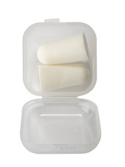 plastic earplugs in a transparent box