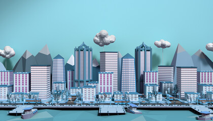 blue toy low poly city 3d render image