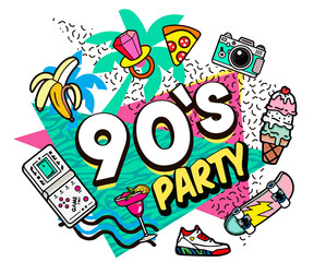Retro party poster. Nineties music, with old-fashioned retro stuff with a game, vhs cassette, skate, stick candy, sneakers and an old audio cassette. invitation card, dance time parties advertisement 