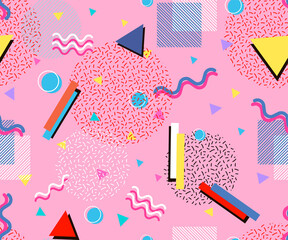 Fashionable youth pattern with a game, vhs cassette, candy on a stick, sneakers and an old audio cassette. items on the theme of nastalgia 90s-80s. Repeated bright pattern for textiles, sportswear