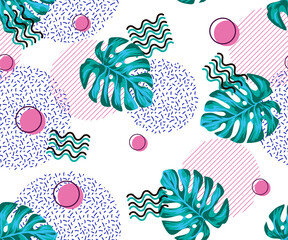 Memphis pattern of geometric shapes with old-fashioned retro stuff with a game, vhs cassette, skate, stick candy, sneakers and an old audio cassette. items on the theme of nastalgia 90s-80s,