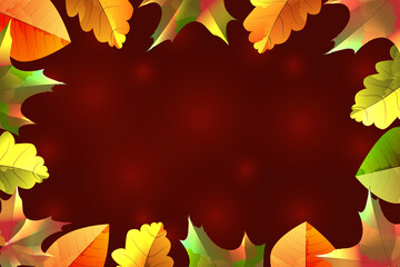 Naklejka na ściany i meble Autumn card with leaves on a red background. Vector illustration.