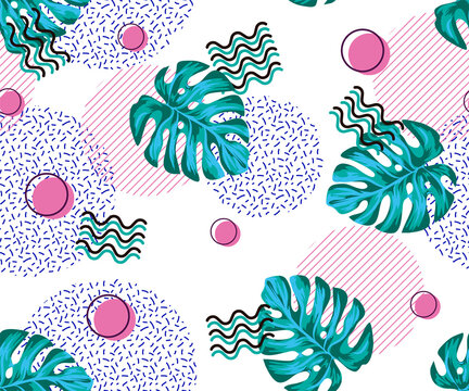 Memphis pattern of geometric shapes with old-fashioned retro stuff with a game, vhs cassette, skate, stick candy, sneakers and an old audio cassette. items on the theme of nastalgia 90s-80s,