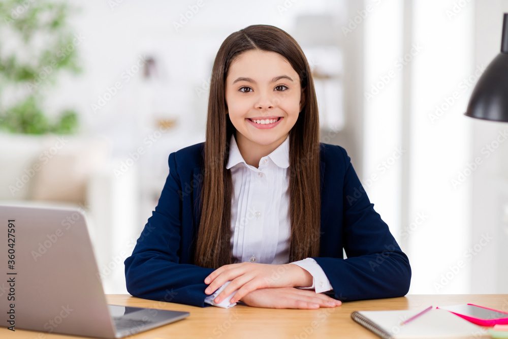 Sticker Photo of little pretty student school girl notebook table online lesson video call sitting desk distance quarantine study comfort 1 september at home living room house classroom indoors