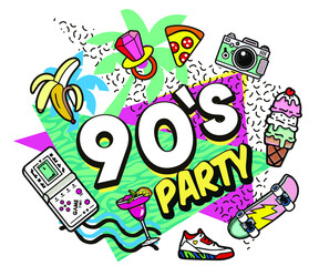 Retro party poster. Nineties music, with old-fashioned retro stuff with a game, vhs cassette, skate, stick candy, sneakers and an old audio cassette. invitation card, dance time parties advertisement 