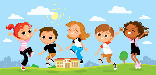 Smiling children having fun outdoors. Group of pupils on outdoor break.