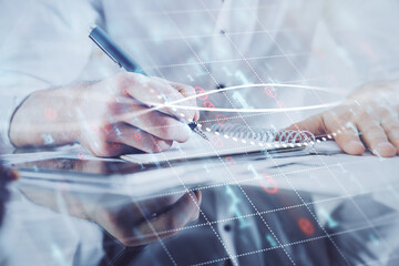 Fototapeta premium Multi exposure of man planing investment with stock market forex chart.