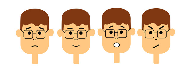 A young guy with glasses and different emotions. Character for your scene. A set of character emotions.