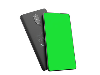Presentation of a mobile application on the phone screen mobile phone with blank green screen 3d render on white no shadow