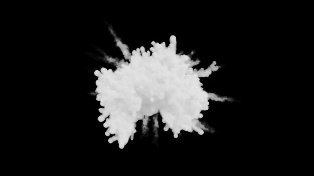 White dry ice smoke powder explosion fluid ink paint particles slow motion isolated on green background