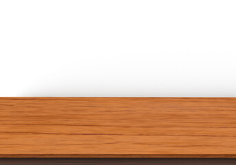 Wood table top perspective in 3D rendering on white background.