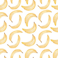 Obraz na płótnie Canvas Banana yellow tropical fruit watercolor digital paper. Hand drawn seamless pattern clipart.