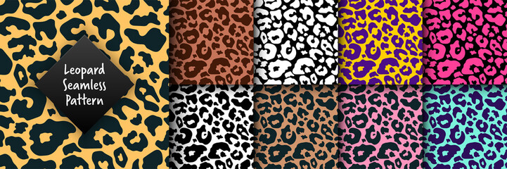 Trendy leopard seamless pattern set. Hand drawn wild animal cheetah skin abstract texture for fashion print design, fabric, textile, cover, wrapping paper, background, wallpaper. Vector illustration - obrazy, fototapety, plakaty