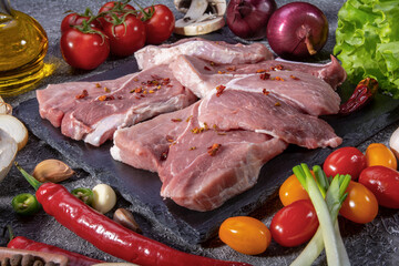Pork steaks on a slate stone, fresh vegetables, tomatoes, peppers ,onions,garlic, mushrooms, spices close-up, textured dark background, top view