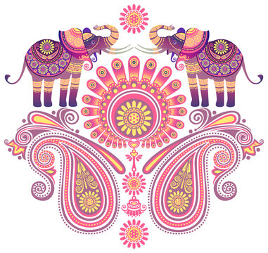 Indian elephants and paisley. Decorative element. Design element. Vector graphics