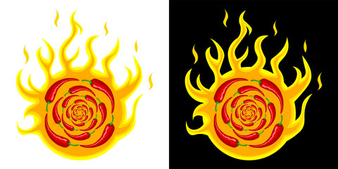 Hot mexican red chili peppers. Red peppers on the background of a circle of fire. Vector