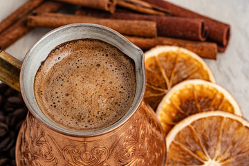 Turkish coffee with foam in copper turk