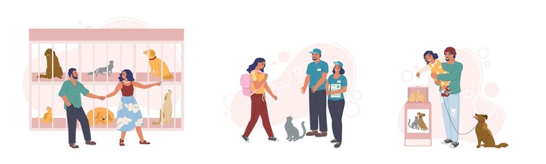 Animal shelter set, vector flat illustration. Happy couple visiting pet shelter with dogs and cats in cage. Girl adopting cute kitty, father with son donating money to save and support stray animals.