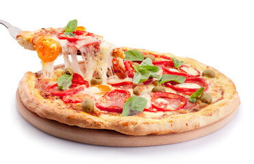 Supreme slice pizza with melted cheese isolated on a white background