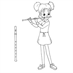 Cute cartoon girl playing the flute. Young flutist. Music lesson. White and black vector illustration for coloring book. Isolated objects on white background.
