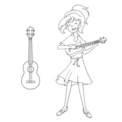 Cute cartoon girl playing the ukulele. Young guitarist. Music lesson. Decor element for kids products (room, clothes, stationery). White and black vector illustration for coloring book.