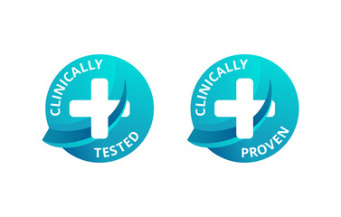 Clinically tested and clinically proven stickers for laboratory tested and certified products - vector element with medical cross in 2 variations