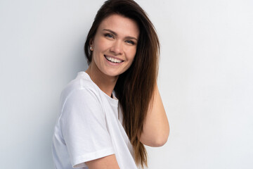Funny woman on white background. Cheerful female model joyful. Positive human emotion facial...