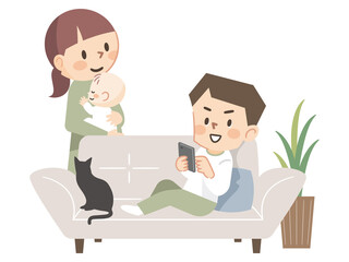 リビングでくつろぐ幸せ家族