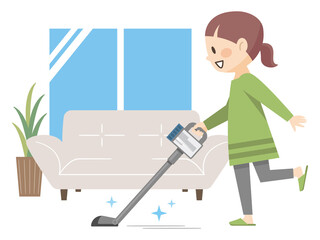 リビングを掃除する若い女性