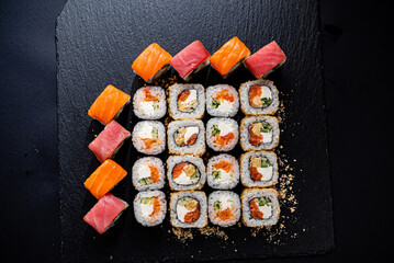 sushi set on the black background