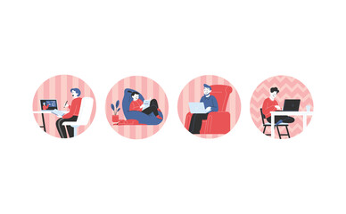 People staying home on quarantine, working from home, teaching and learning online, reading a book